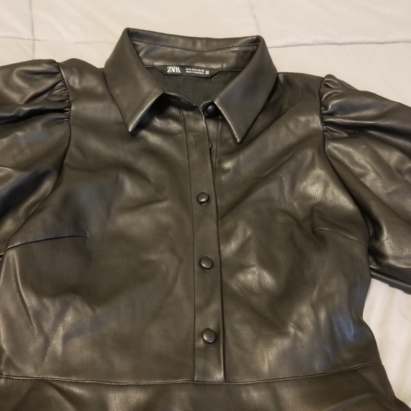 Zara black faux leather puff sleeve a line dress - Picture 4 of 9